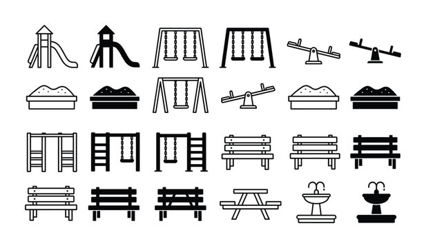 Black and white playground icon set with slides swings and park benches