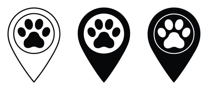 Conjunto de tres pines de ubicaci&oacute;n aptos para mascotas en blanco y negro