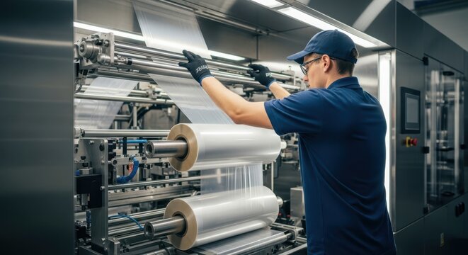 Worker operates industrial machinery, carefully managing plastic film production rolls in a modern manufacturing facility.