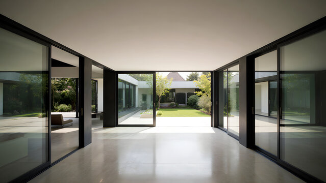 Interior view of modern minimalist house with open sliding glass doors to courtyard