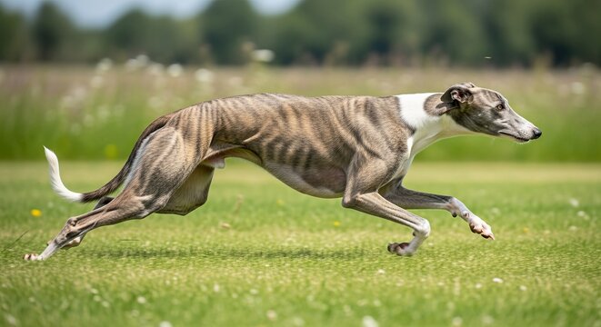 Sleek Greyhound Dog Running at Full Speed Across Open Grassland Action Photography