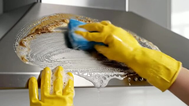 Person Scrubbing Greasy Stainless Steel Kitchen Range Hood Filter with Blue Sponge