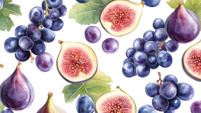 fig and grape seamless pattern, watercolor illustration, white background