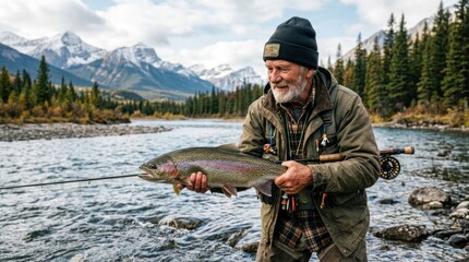 Naklejka premium Experienced Fly Fisherman proudly displays a large rainbow trout caught in a pristine mountain river.