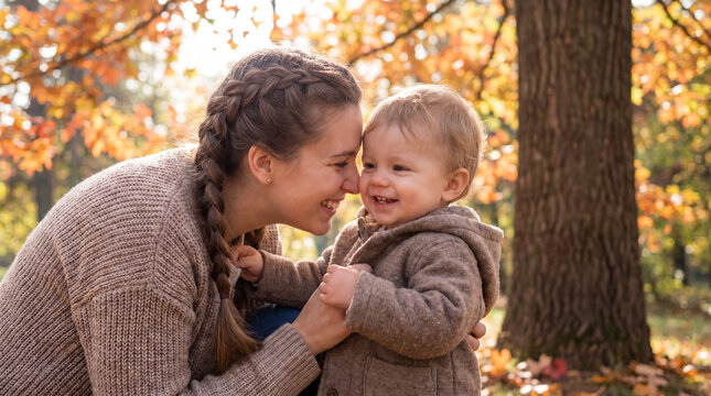 Loving mother and child bonding, laughing and connecting, surrounded by vibrant fall foliage and golden light outdoors