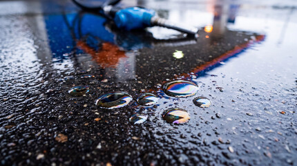 Obraz premium Fuel nozzle on wet asphalt with oil spill creating rainbow sheen, highlighting environmental pollution and energy issues
