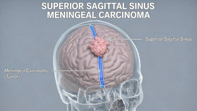 3D semi-transparent human skull and brain medical diagram of superior sagittal sinus meningeal carcinoma, labeled malignant meningeal tumor along cranial venous sinus, light grey background neurosurge