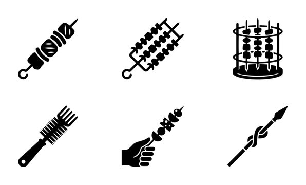 Barbecue Skewers Icons, Grilling Tools Vector Set, Food Preparation Equipment Graphics, Outdoor Cooking Symbols