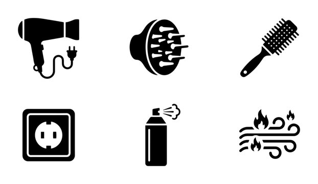 Hair Styling Icons: Hair Dryer, Diffuser, Brush, Outlet, Hairspray, Heat Symbols, Vector Set