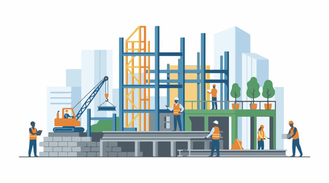 Workers build a modern structure with cranes and materials