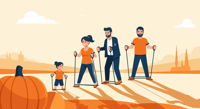 Family exercising with resistance bands in an autumn pumpkin patch