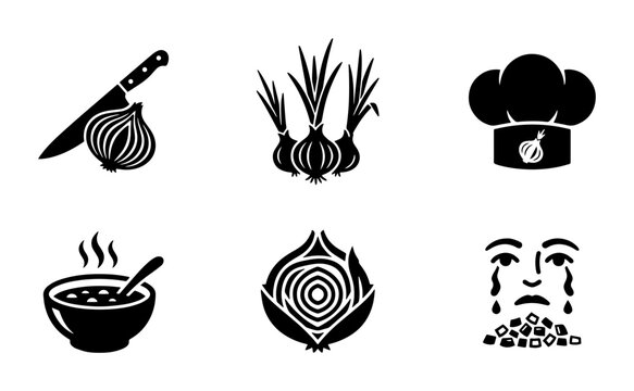 Onion Icons: Culinary & Emotion Set, Chef Hat, Soup Bowl, Slicing, Crying Face, Vector Graphics