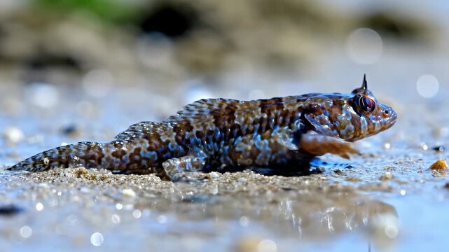 A small mudskipper fish rests on wet sand during low tide while displaying its unique physical characteristics within its natural marshland habitat where it can breathe air and walk on land