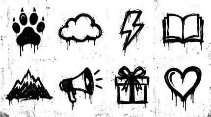 Graffiti spray paint drip icon set vector illustration featuring black paw print cloud lightning book mountain megaphone gift box heart. © mstRabea
