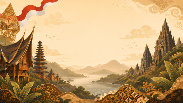 Elegant illustration of Indonesia's cultural heritage featuring traditional architecture inspired by Rumah Gadang, Balinese temple, ancient Javanese temple, wayang silhouette, red and white ribbon, mo