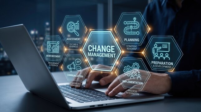 Change management strategy concept with planning assessment and implementation icons floating above laptop keyboard on desk