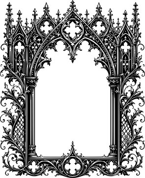 ornate gothic cathedral arch frame with vintage medieval floral decorative border