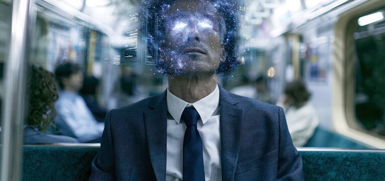 In a futuristic subway, a businessman with a luminous galaxy head symbolizes creativity amid an abstract urban environment.
