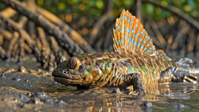 A vibrant mudskipper fish displays its magnificent colorful dorsal fin while resting upon the wet muddy terrain within a lush mangrove forest habitat found during a sunny day in the tropical
