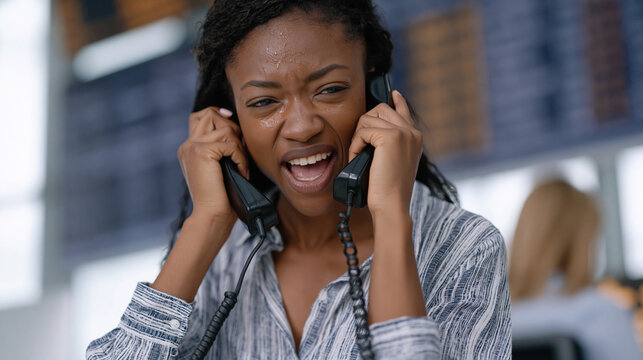 Nigerian commodities trader in a open-plan trading floor gripping two handsets simultaneously, wall screens flashing grain and crude pricing, sweat visible on her brow as she