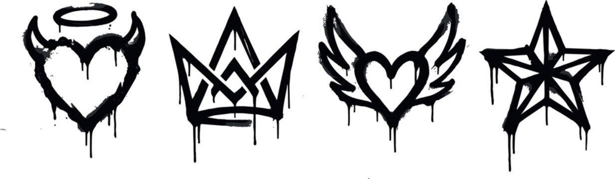 Graffiti spray paint drip icon set vector illustration featuring devil halo heart geometric crown winged heart and sharp star.