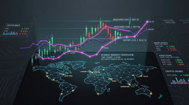 Global financial market overview dashboard displaying crypto index, forex pairs, resistance and support levels with world map connectivity, ideal for trading, investment analysi...