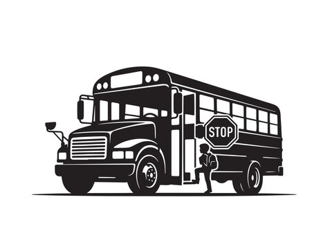 School child boarding a yellow bus with stop sign extended schoolbus backpack