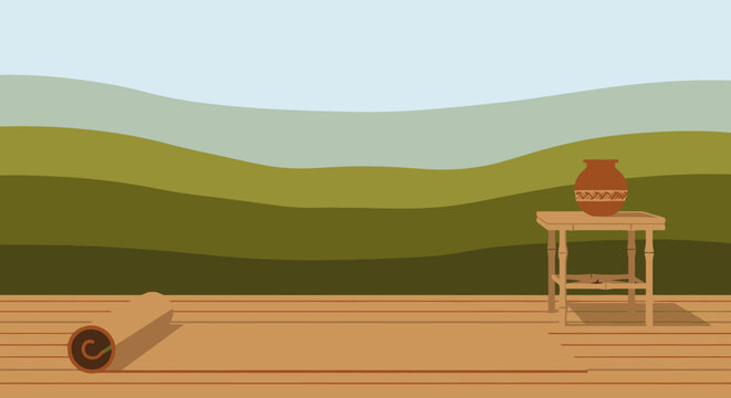 Minimalist flat illustration of a wooden table with a clay pot on deck