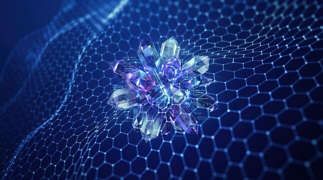 Abstract futuristic crystal structure on hexagonal grid background representing blockchain technology data encryption network security artificial intelligence machine learning c...