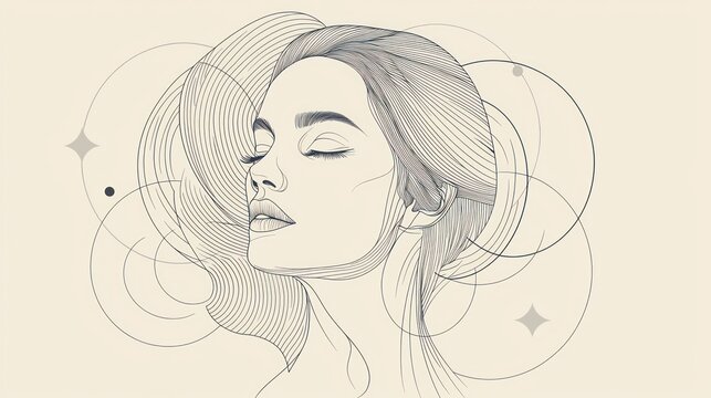 Serene woman's face, line art, abstract background.
