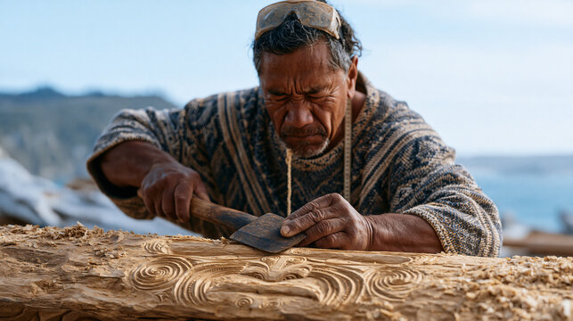 Maori wood carver using adze on upright pou beam in open outdoor workshop, wood chips scattered across packed earth, deep chisel lines revealing traditional face motif emerging,