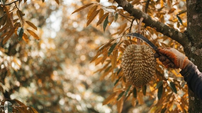 Farmer Harvesting Fresh Durian Fruit with Sickle in Tropical Orchard for Sustainable Agriculture Concept