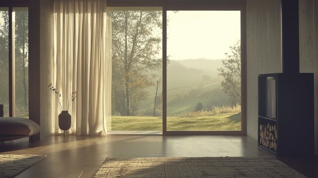 Modern living room with large window overlooking idyllic landscape.