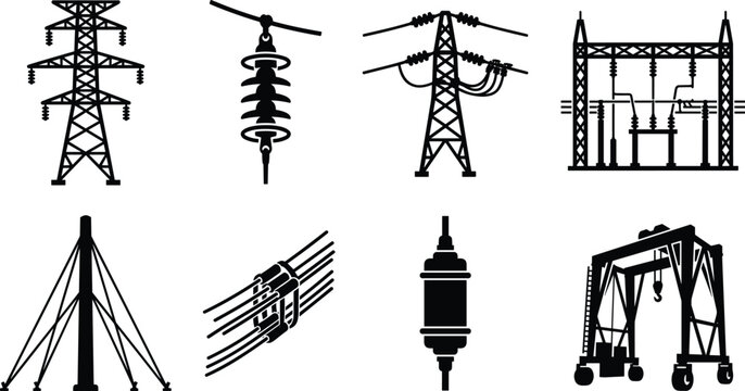 Electrical power transmission icons set featuring high voltage towers pylons substation equipment line insulators and grid infrastructure symbols
