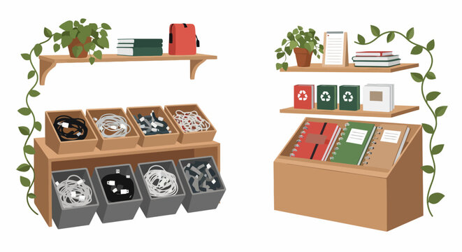 Retail store shelf display with cables, notebooks, and eco-friendly items vector art