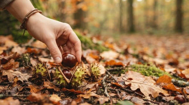 Person picking up horse chestnut conker from spiky husk on autumn forest floor for seasonal nature craft activity