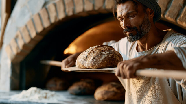 Bread baker sliding long peel under sourdough boule in wood-fired stone oven interior, flour cloud at oven mouth, dark crust developing on earlier loaves, brick arch glowing