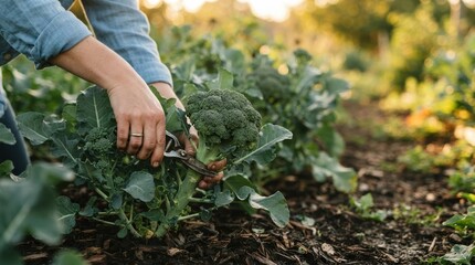 Fototapeta premium Woman Harvesting Fresh Organic Broccoli in a Sustainable Home Garden Vegetable Patch for Healthy Eating