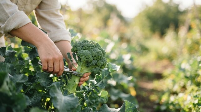 Female Farmer Harvesting Fresh Organic Broccoli in a Sunny Vegetable Garden for Sustainable Local Food Production