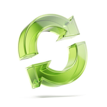 Two arrows icon - update symbol. 3d green glass update refresh icon - 3d rendering