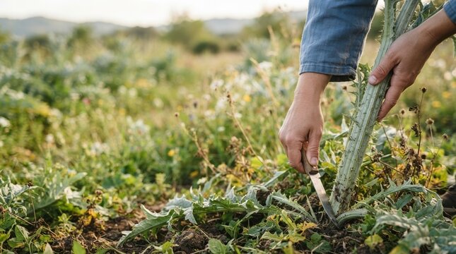 Person Harvesting Wild Cardoon with Knife in Sunny Field for Sustainable Foraging and Organic Food Concept