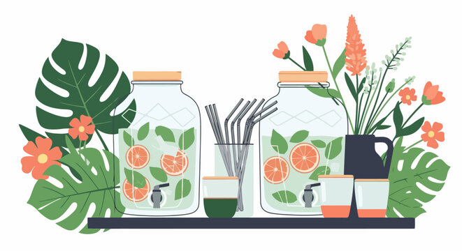 Summer drink station with glass dispensers of grapefruit water and tropical leaves.