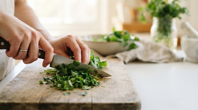 Woman chopping fresh green cilantro on a rustic wooden cutting board in a bright home kitchen for healthy cooking