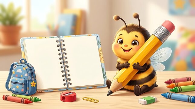 Cartoon bee holding pencil with blank spiral notebook illustrated style
