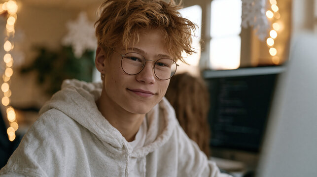 Teen boy with round glasses and a hoodie writing lines of beginner code on a desktop screen in a community center coding club decorated with paper snowflakes and string lights for