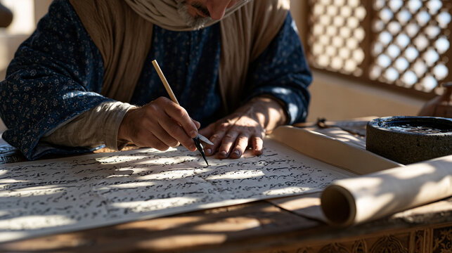 Iranian calligrapher preparing reed pen tip with small trimming blade, fresh ink stone soaking on right, unrolled practice sheet showing multiple script attempts in varying