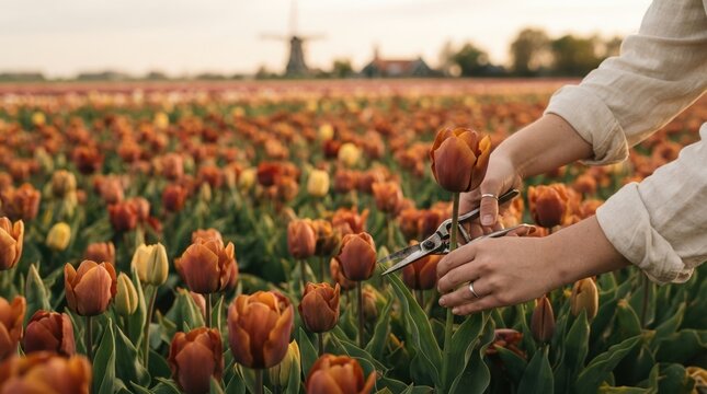 Woman harvesting orange tulips in Dutch flower field with windmill background for spring gardening concept