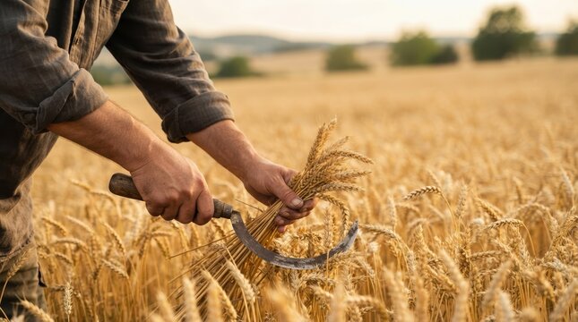 Mature male farmer harvesting golden wheat crop with traditional sickle in rural field at sunset for agricultural concept