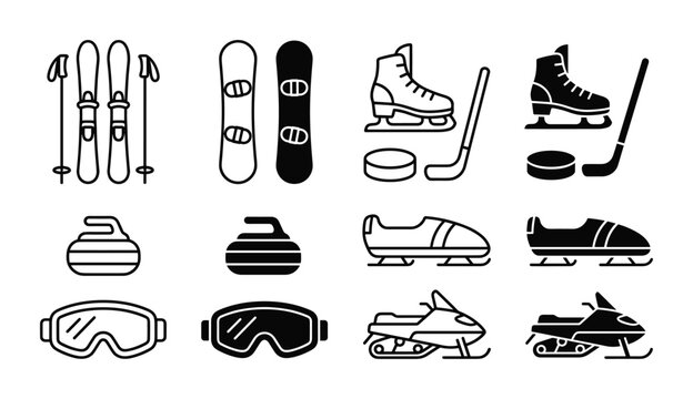 Minimalist winter sports icons including skis, skates, and snowboards.
