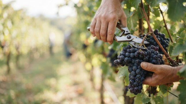 Senior farmer harvesting ripe dark grapes in vineyard using pruning shears for autumn wine production
